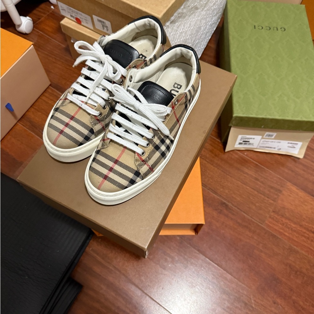 Burberry Beige and Black Checkered Sneakers